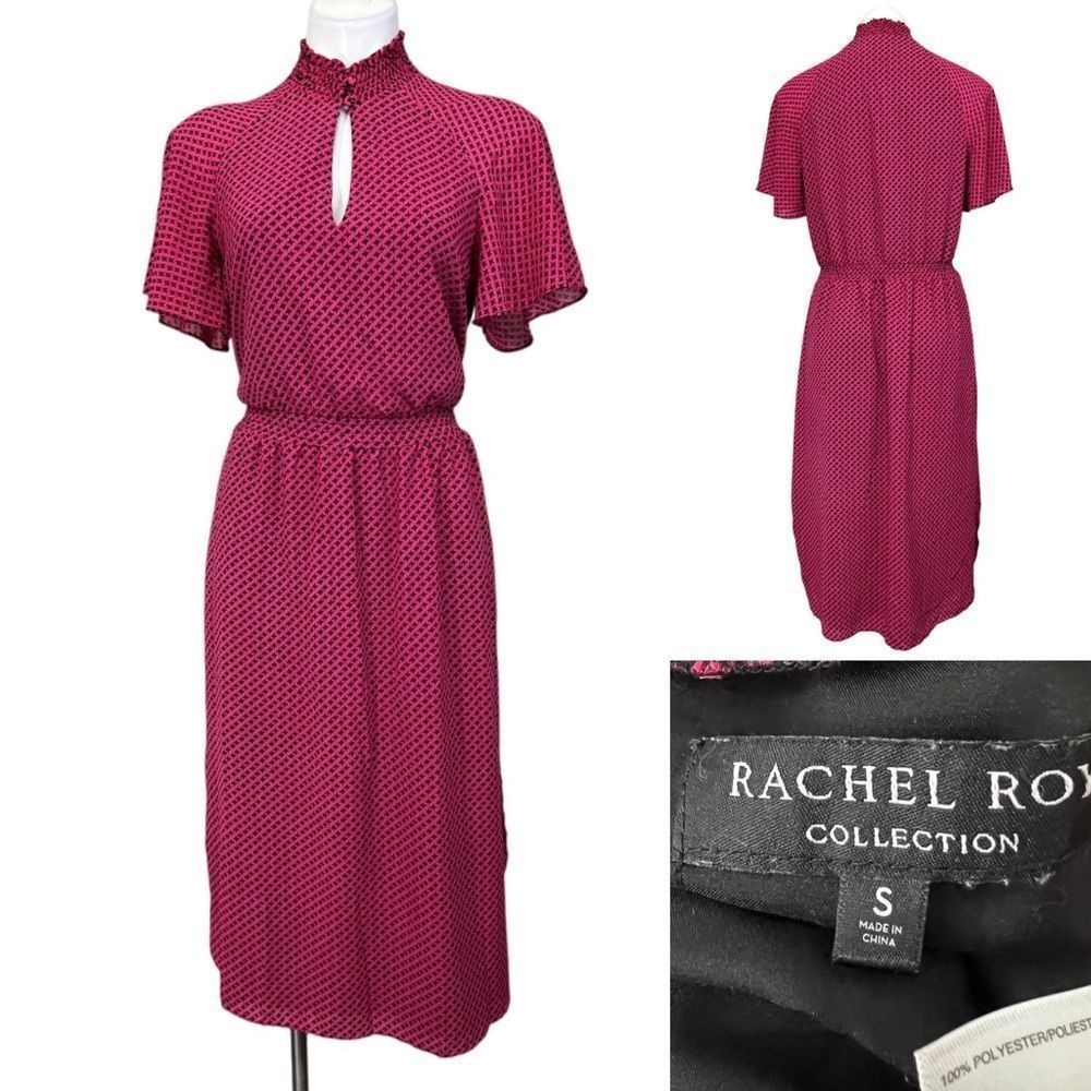 EUC Rachel Roy Collection Dress Sz S Hot Pink Black Short Sleeve Smock Waist